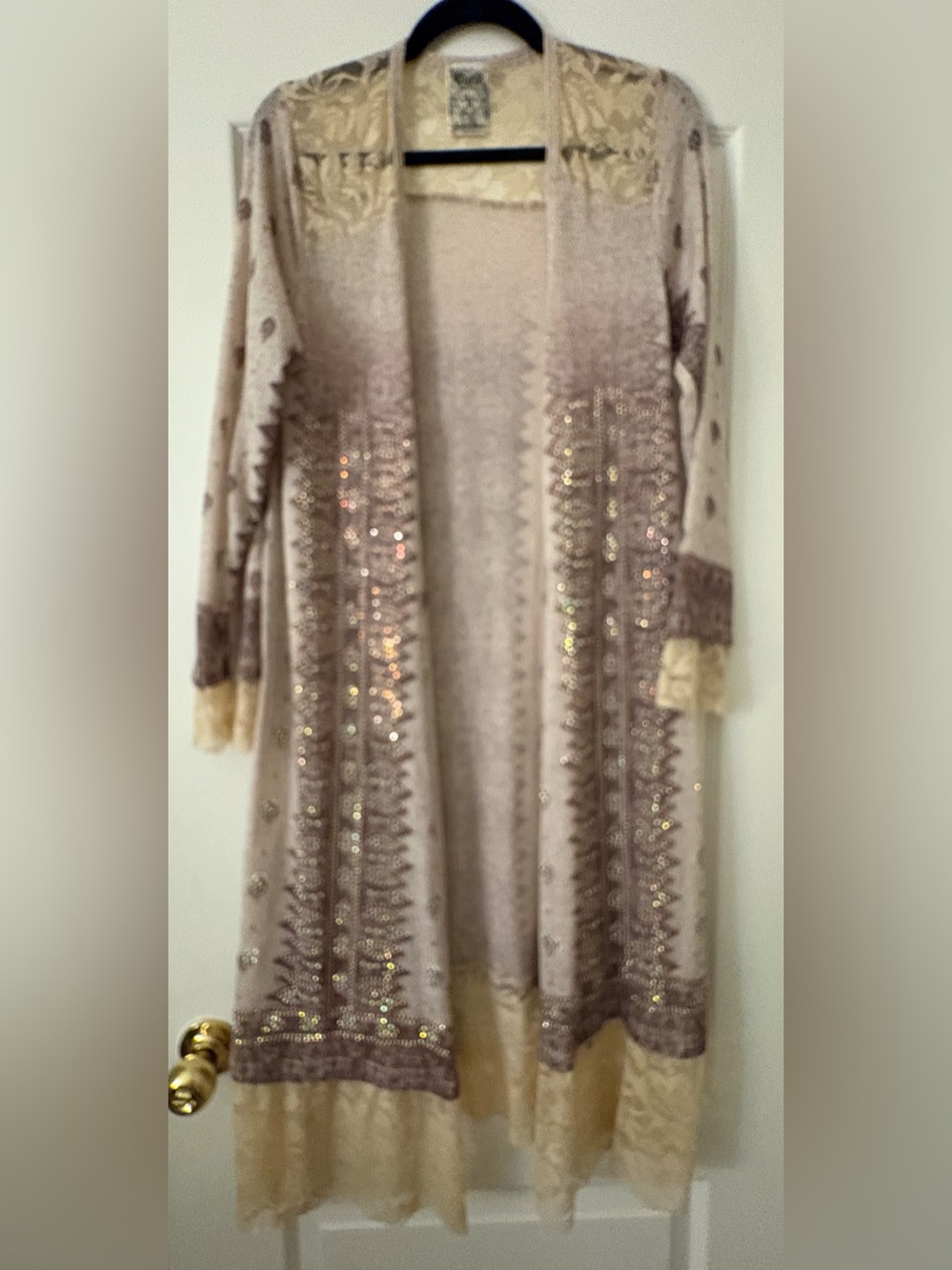 Ladies Boho Beige Embellished lace Long Cardigan duster M